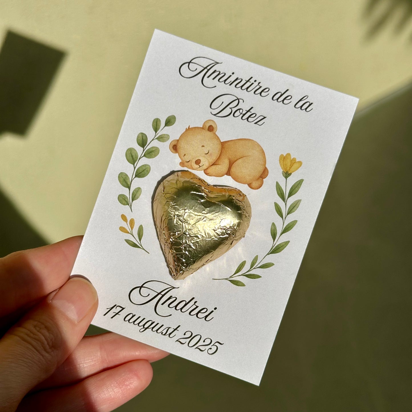 Mărturie ciocolată inimă – Fistic & Kataif | Personalizată