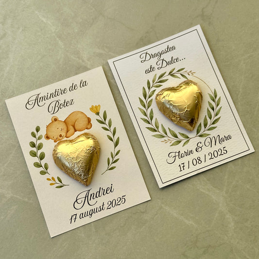 Mărturie ciocolată inimă – Fistic & Kataif | Personalizată